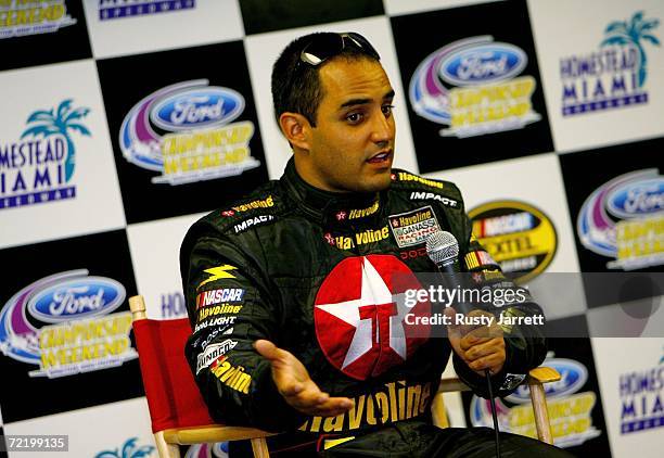 Juan Pablo Montoya, driver of the Texaco/Havoline Ganassi Racing test Dodge, speaks with the media during NASCAR Nextel Cup Series testing at...