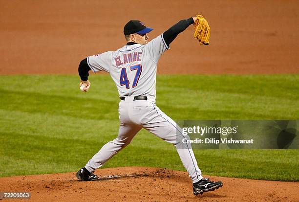 Tom Glavine of the New York Mets pitches against the St. Louis Cardinals during game five of the NLCS at Busch Stadium on October 17, 2006 in St....