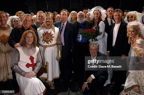 The cast including Eric Idle, Terry Gilliam, Michael Palin, Tim Curry, Hannah Waddingham and Terry Jones attend the West End premiere of Spamalot, at...