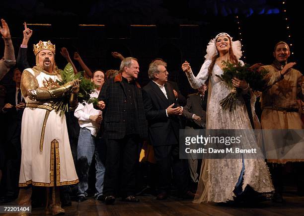 Tim Curry, Terry Gilliam, Terry Jones and Hannah Waddingham on stage at the West End premiere of Spamalot, at the Palace Theatre October 17, 2006 in...