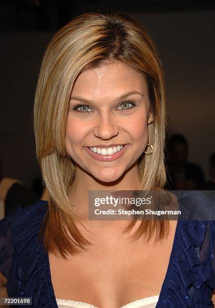 Actress Erika Schaefer poses in the front row at the Dina Bar-El Spring 2007 fashion show during Mercedes Benz Fashion Week at Smashbox Studios in...