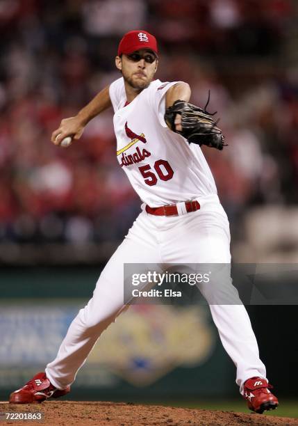 Adam Wainwright of the St. Louis Cardinals pitches against the New York Mets in the eighth inning against the New York Mets during game five of the...