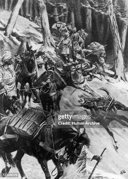 Pack mules slip and fall on a steep mountain path to Yadong, Tibet, during the expedition led by British Army officer, and explorer Colonel Sir...