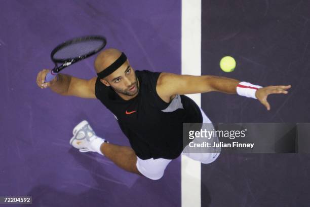 James Blake of United States serves in his match against Kristof Vliegen of Belgium during day three of the ATP Madrid Masters Tennis at the Nuevo...
