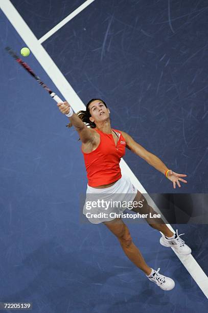 Amelie Mauresmo of France in action against Samantha Stosur of Australia during the Second round of the WTA Zurich Open at the Hallenstadion on...