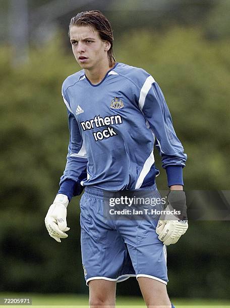 In this undated file photograph, Tim Krul, Newcastle's Dutch youth international goalkeeper looks on during a training session in Newcastle, England.