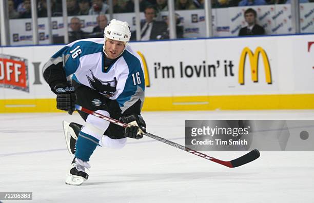 October 12: Mark Smith of the San Jose Sharks skates against the Edmonton Oilers during the NHL game at Rexall Place on October 12, 2006 in Edmonton,...