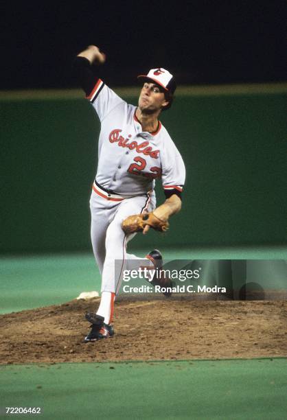 Pitcher Jim Palmer of the Baltimore Orioles pitches to the Philadelphia Phillies in Game 3 of the 1983 World Series in Veteran's Stadium on October...