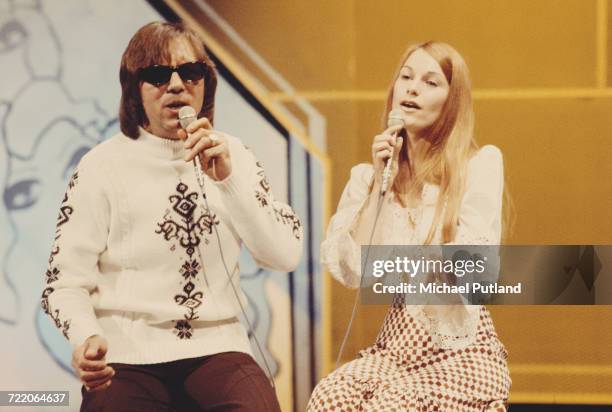 British singing duo Peters and Lee performing in rehearsal on the BBC TV music show 'Top Of The Pops' in London in 1973. They are Dianne Lee and...