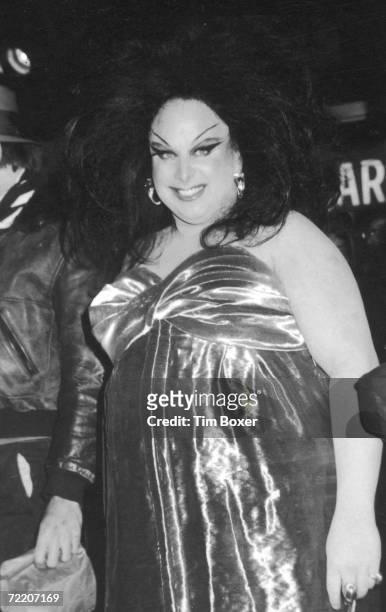 American drag queen and actor Divine poses for photogrpahers at the premiere of his new film, 'Female Trouble,' directed by John Waters, New York,...