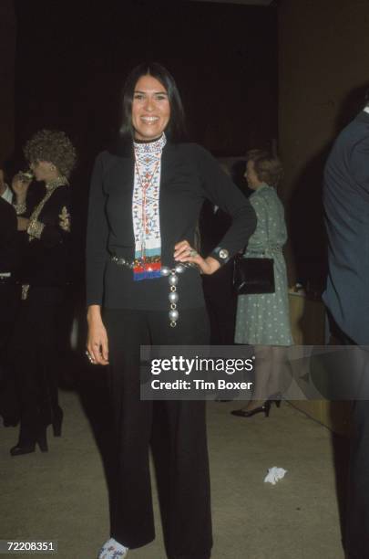 American film actress Sacheen Littlefeather poses for a picture with on hand on her hip, 1970s. Littlefeather is best known for refusing an Academy...