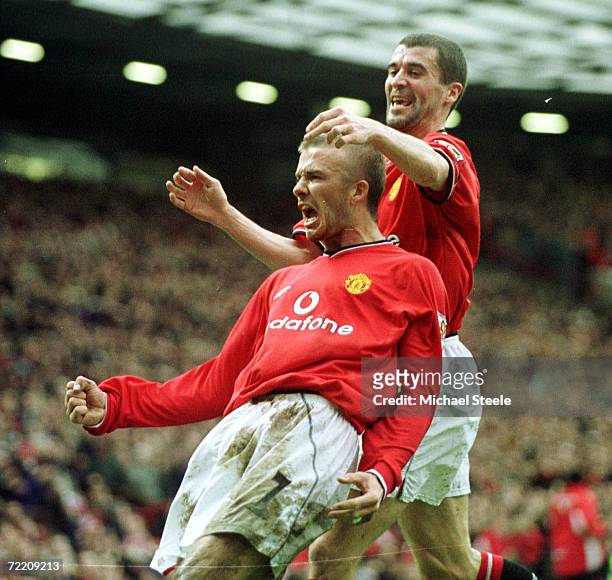 David Beckham of United celebrates scoring with team mate Roy Keane during the match between Manchester United and Sunderland in the FA Barclaycard...