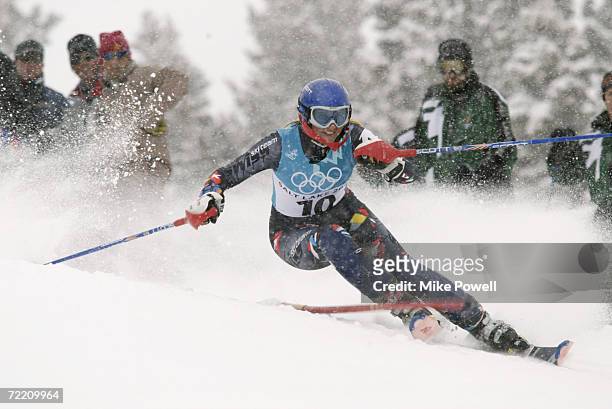 Marlies Oester of Switzerland competes in the women's slalom during the Salt Lake City Winter Olympic Games at the Deer Valley Resort in Salt Lake...