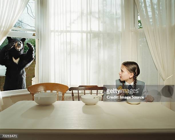 girl scared by bear at the window - goldilocks stock pictures, royalty-free photos & images