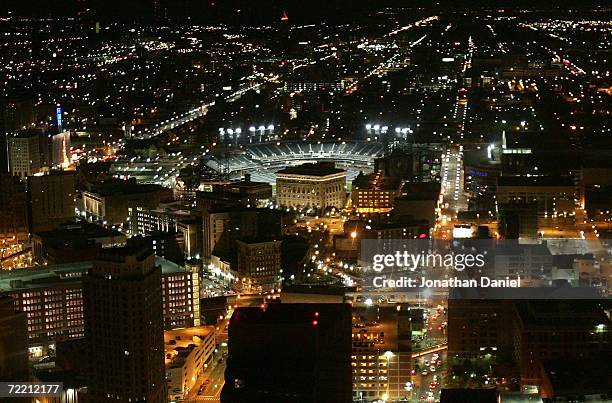 General view of Comerica Park is seen in the middle of downtown Detroit after the Detroit Tigers defeated the Oakland Athletics 6-3 during Game Four...