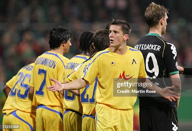 Igor Tomasic of Sofia reacts during the Champions League Group A match between Werder Bremen and Levski Sofia at the Weser stadium on October 18,...