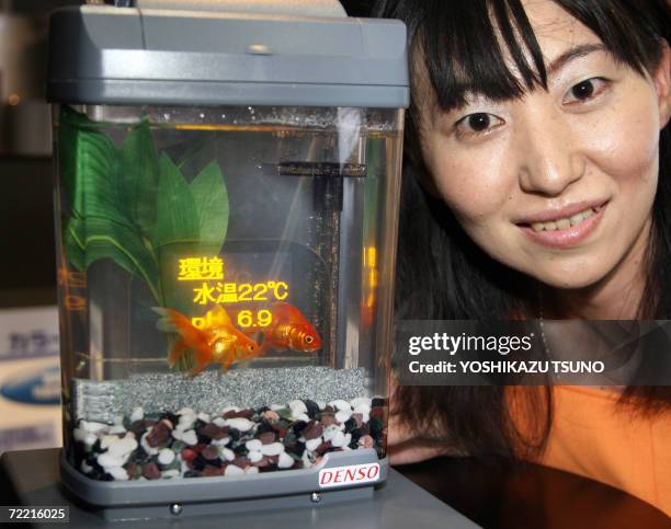 An employee from Japan's car electronics maker Denso displays an under water organic light emitting diode display, placed in a fish tank to display...