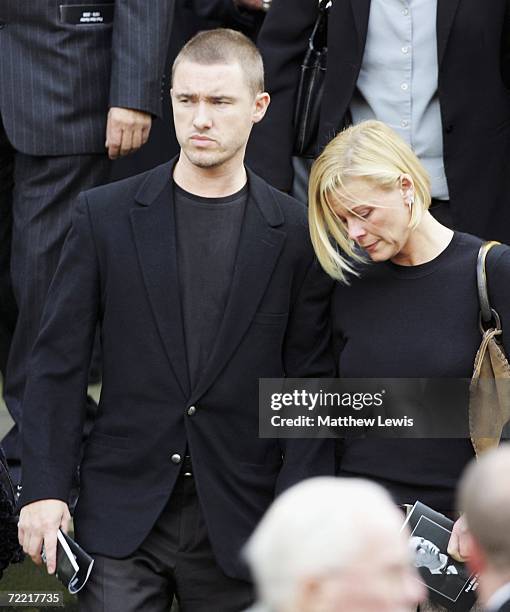 Stephen Hendry and wife leave the funeral of Paul Hunter at Leeds Parish Church on October 19, 2006 in Leeds, England. The three-time Masters...