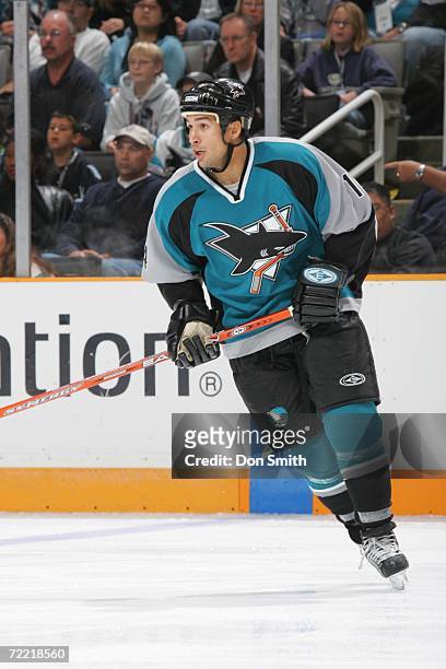 Jonathan Cheechoo of the San Jose Sharks skates during the game against the New York Islanders on October 16, 2006 at the HP Pavilion in San Jose,...