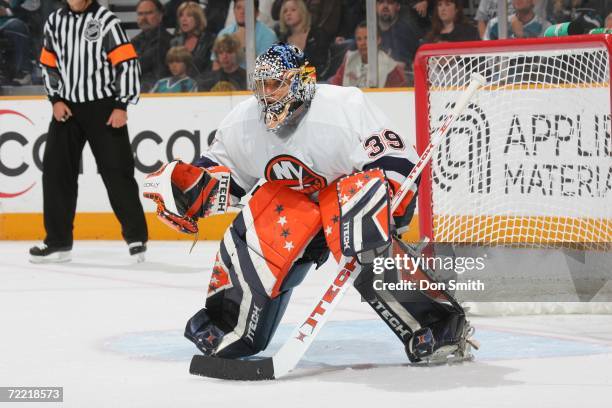 Rick DiPietro of the New York Islanders readies for a shot during the game against the San Jose Sharks on October 16, 2006 at the HP Pavilion in San...