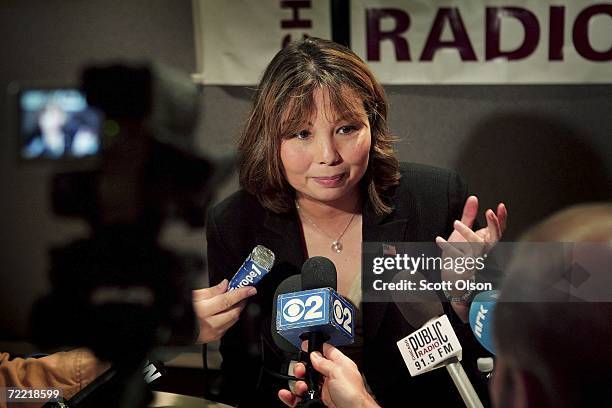 Sixth congressional district Democratic candidate Tammy Duckworth speaks to reporters following a debate with her Republican opponent October 19,...