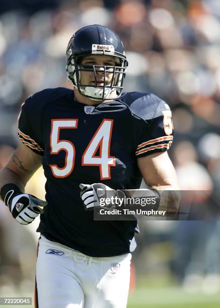 Linebacker Brian Urlacher of the Chicago Bears gets ready to defend in a game against the the Buffalo Bills at Soldier Field on October 8, 2006 in...