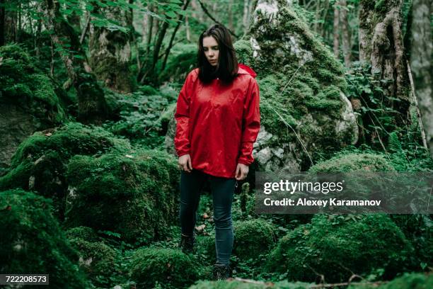 caucasian woman standing in lush forest - spital am pyhrn stock pictures, royalty-free photos & images
