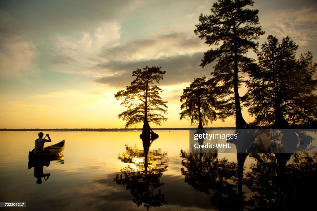 Reflection of Caucasian boy in canoe near trees in river