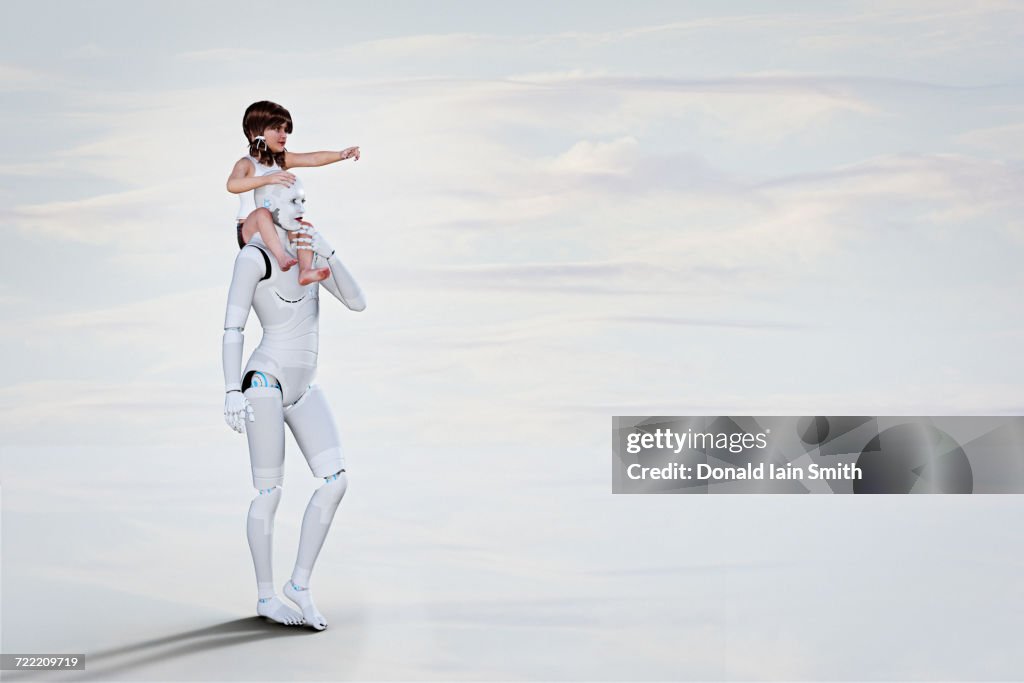 White female cyborg carrying girl on shoulders