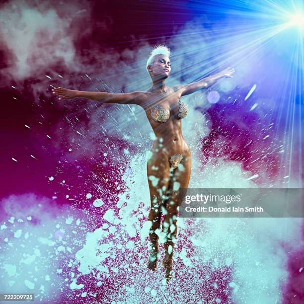 woman floating in futuristic sky - woman crotch stock pictures, royalty-free photos & images