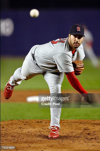 Jeff Suppan of the St. Louis Cardinals pitches against the New York Mets during game seven of the NLCS at Shea Stadium on October 19, 2006 in the...
