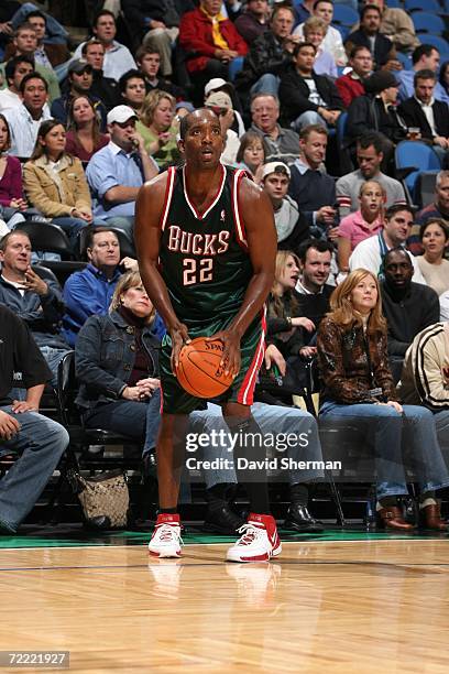 Michael Redd of the Milwaukee Bucks looks to shoot a three point shot during a preseason game against the Minnesota Timberwolves at the Target Center...