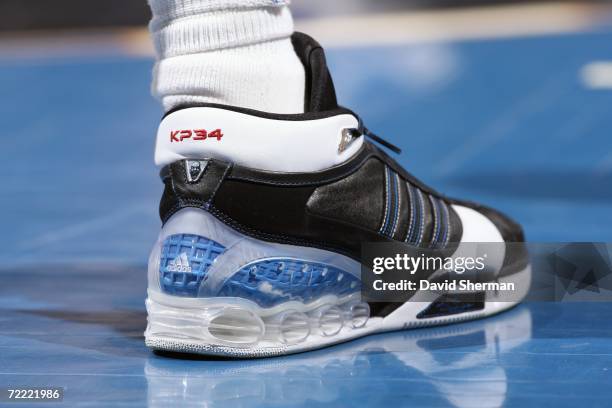 The sneaker of Kevin Garnett of the Minnesota Timberwolves has the stitching of "KP 34" on his shoe in memory of baseball Hall of Famer Kirby...