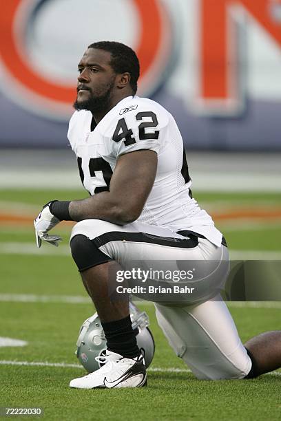 Running back ReShard Lee of the Oakland Raiders stretches before the game against the Denver Broncos on October 15, 2006 at Invesco Field at Mile...