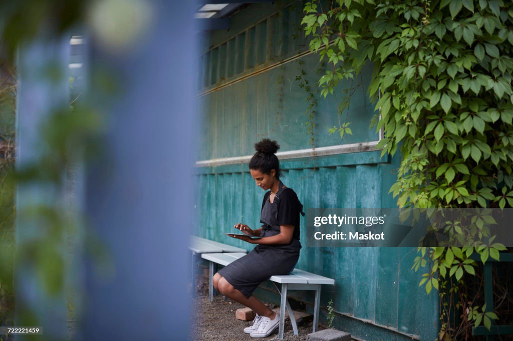 Female gardener using digital tablet while sitting on bench
