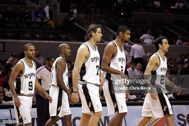 The Spurs starters, Tony Parker, Bruce Bowen, Fabricio Oberto, Tim Duncan and Manu Ginobili of the San Antonio Spurs go up against the Chicago Bulls...