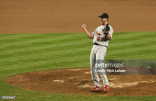 Adam Wainwright of the St. Louis Cardinals celebrates after defeating the New York Mets 3-1 to take game seven of the NLCS at Shea Stadium on October...
