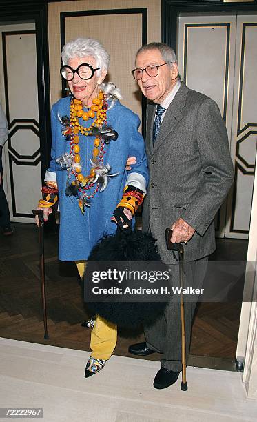 Artists Iris Apfel and Carl Apfel attend a Moschino dinner at Bergdorf Goodman hosted by Alexis Bryan, Nina Garcia, Ginnifer Goodwin, and Mary Alice...