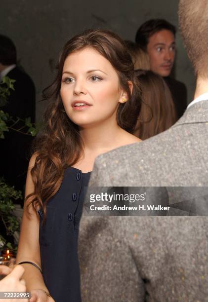 Actress Ginnifer Goodwin talks with guests at a Moschino dinner at Bergdorf Goodman hosted by Alexis Bryan, Nina Garcia, Ginnifer Goodwin, and Mary...