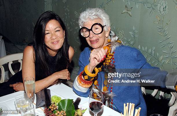 Helen Lee Schifter and artist Iris Apfel attend a Moschino dinner at Bergdorf Goodman hosted by Alexis Bryan, Nina Garcia, Ginnifer Goodwin, and Mary...