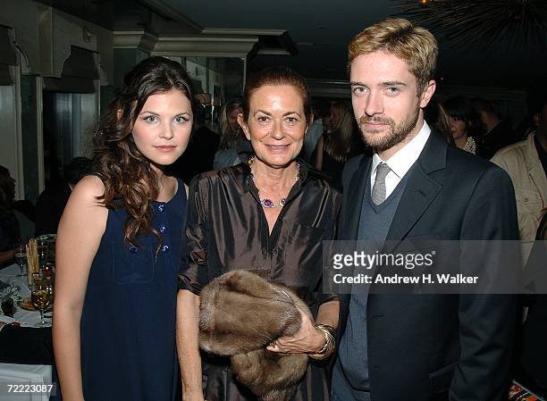 Actress Ginnifer Goodwin, designer Rossella Jardini and actor Topher Grace attend a Moschino dinner at Bergdorf Goodman hosted by Alexis Bryan, Nina...