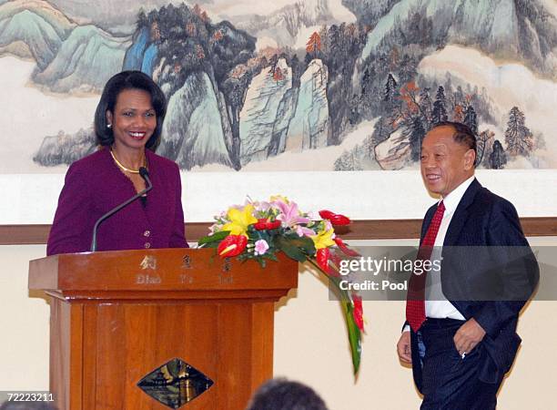 Secretary of State, Condoleezza Rice and Chinese Foreign Minister Li Zaoxing attend a joint press conference after talks at the Diaoyutai Guest House...