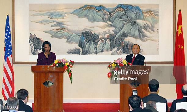 Secretary of State, Condoleezza Rice and Chinese Foreign Minister Li Zaoxing attend a joint press conference after talks at the Diaoyutai Guest House...