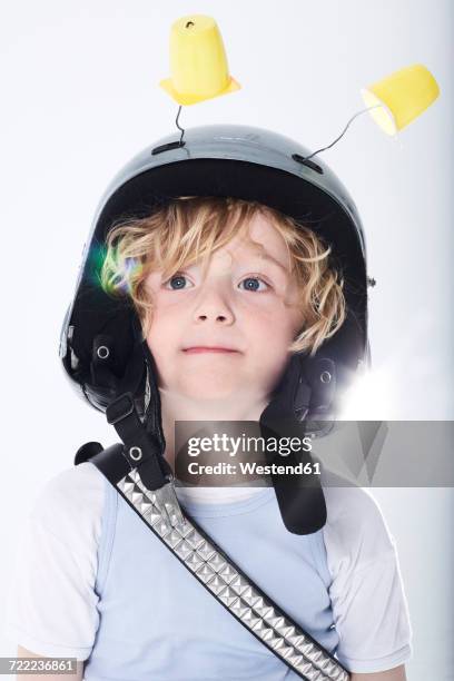 portrait of a boy dressed up as spaceman - yoghurt pot stock pictures, royalty-free photos & images