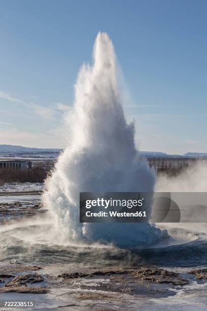 iceland, golden circle, haukadalur valley, geysir strokkur errupting - geyser stock pictures, royalty-free photos & images