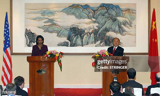 Secretary of State Condoleezza Rice and Chinese Foreign Minister Li Zaoxing attend the joint press conference after their talks at the Diaoyutai...