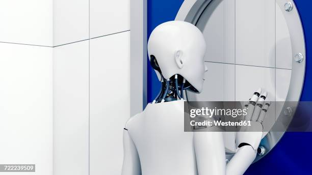 robot looking through safety door, 3d rendering - porthole stock illustrations