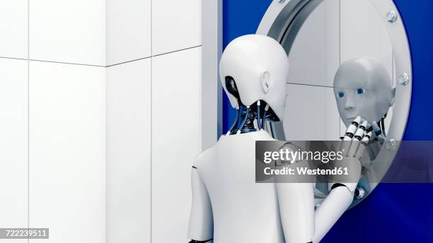 robot looking at mirror image through safety door, 3d rendering - thumbs down 3d stock illustrations