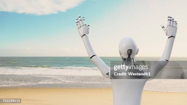 robot raising his arms on the beach, 3d rendering - alert 3 stock illustrations