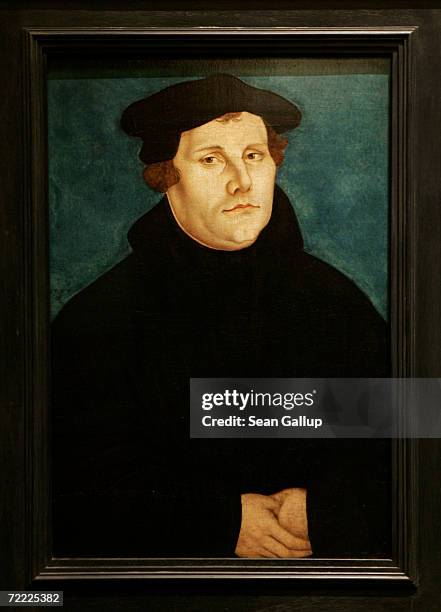 Portrait of 16th-century German church reformer Martin Luther by Lucas Cranach the Elder hangs on display at the German Historical Museum October 1,...